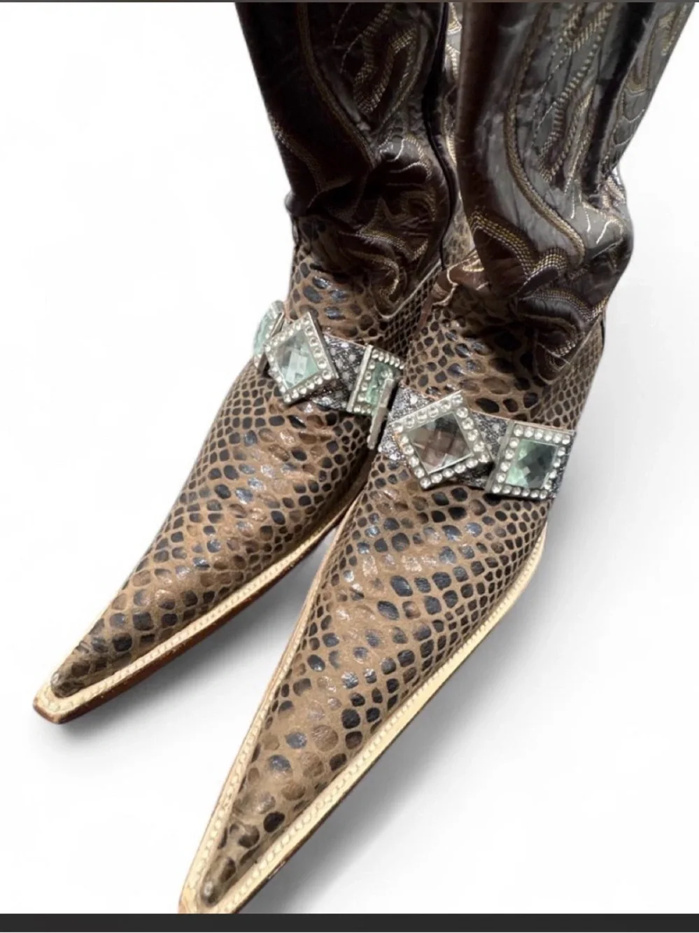 Embellished Brown Snakeskin Pointed-Toe Cowboy Boots